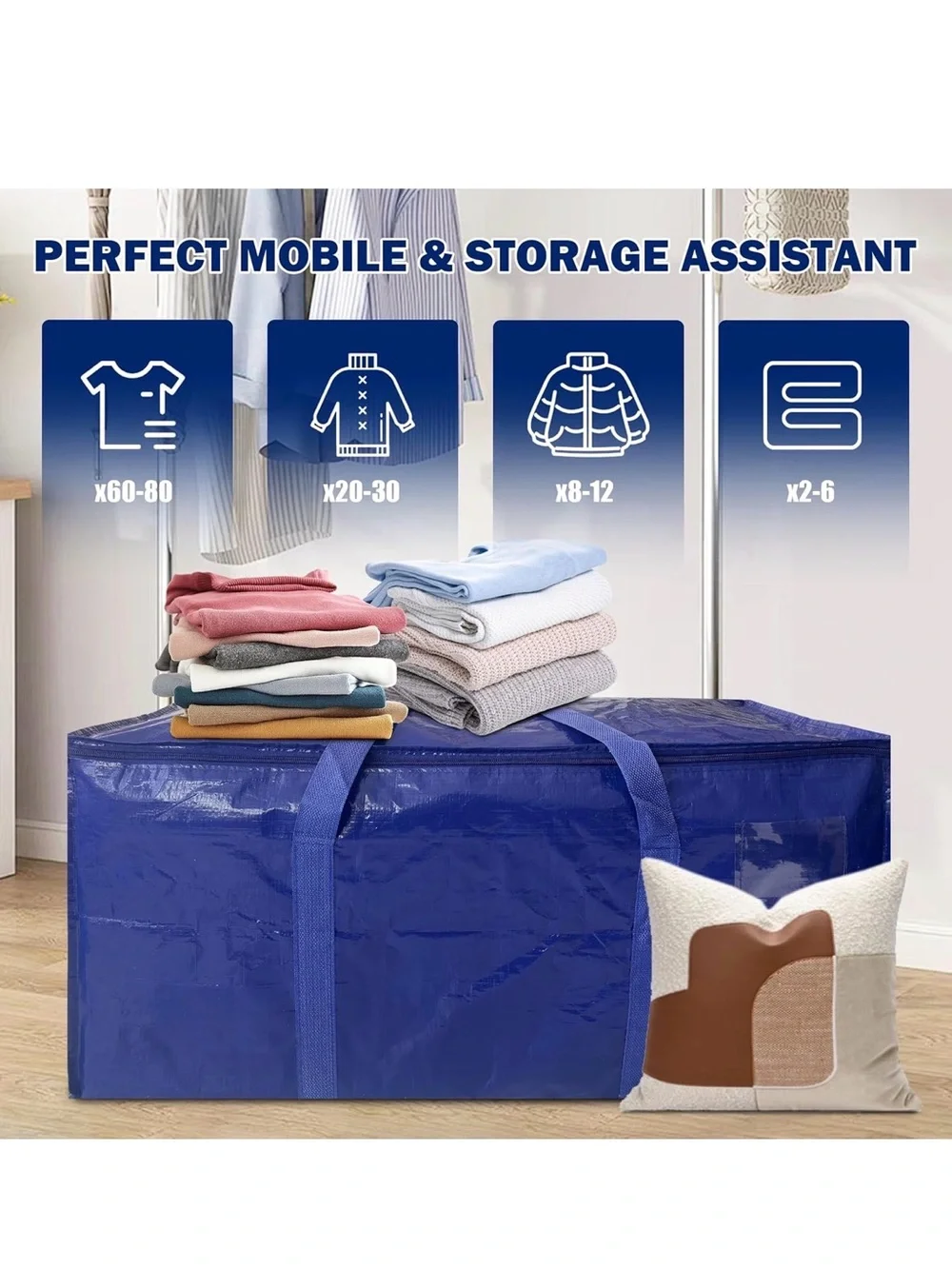 Large Blue Bedding Storage Bag with Handles for Home Organization